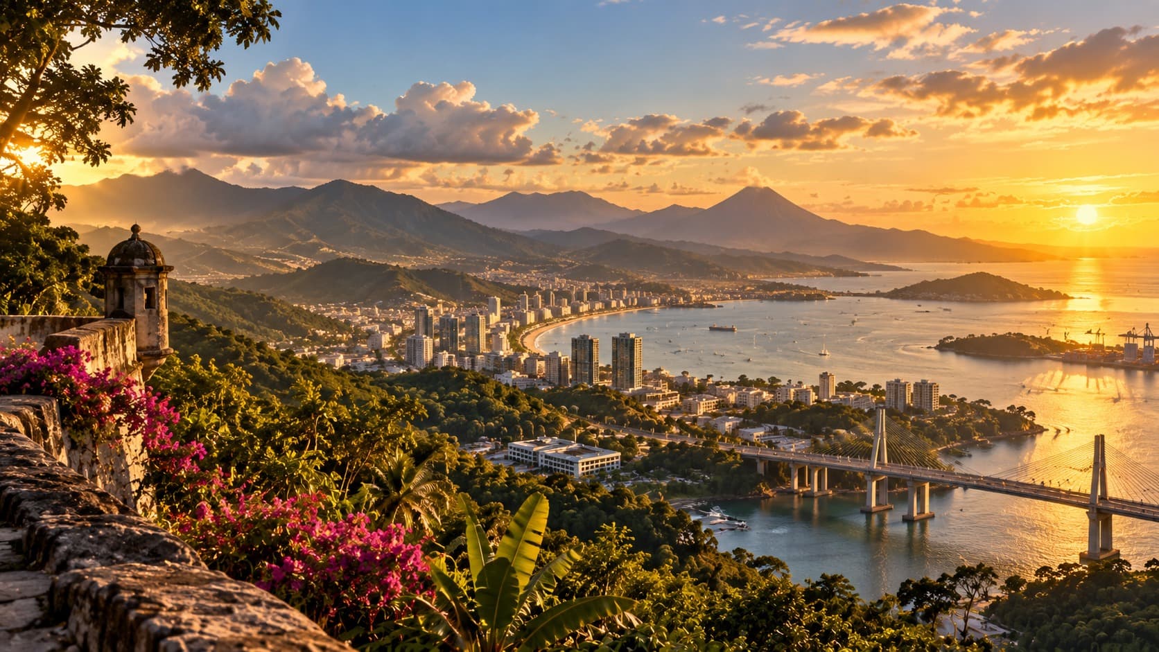 Golden hour over a warm, open, thriving Central American city — confident and alive.