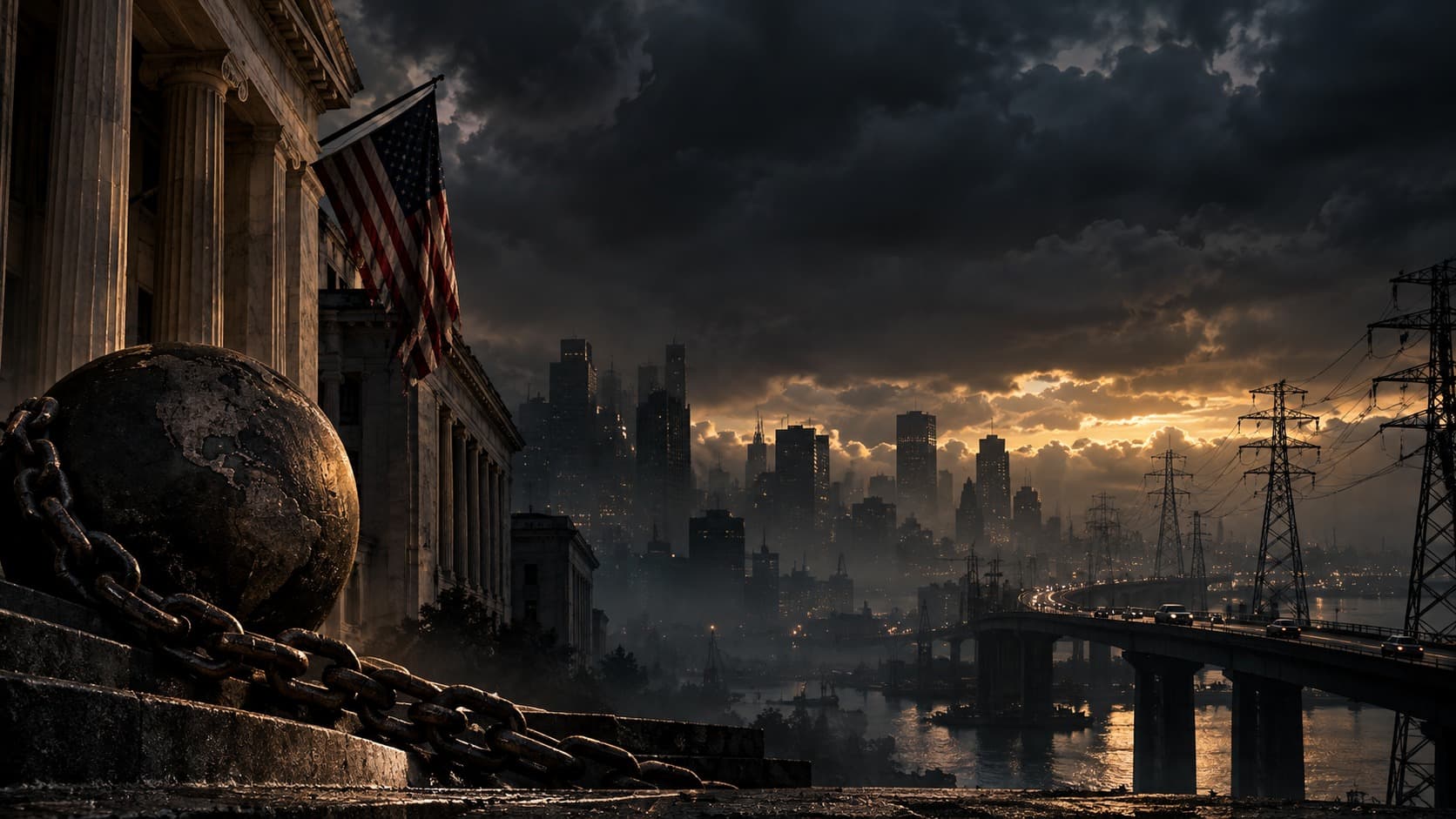 A dark, monumental city at night — dense towers, transmission lines under strain, a faint amber light on the horizon.