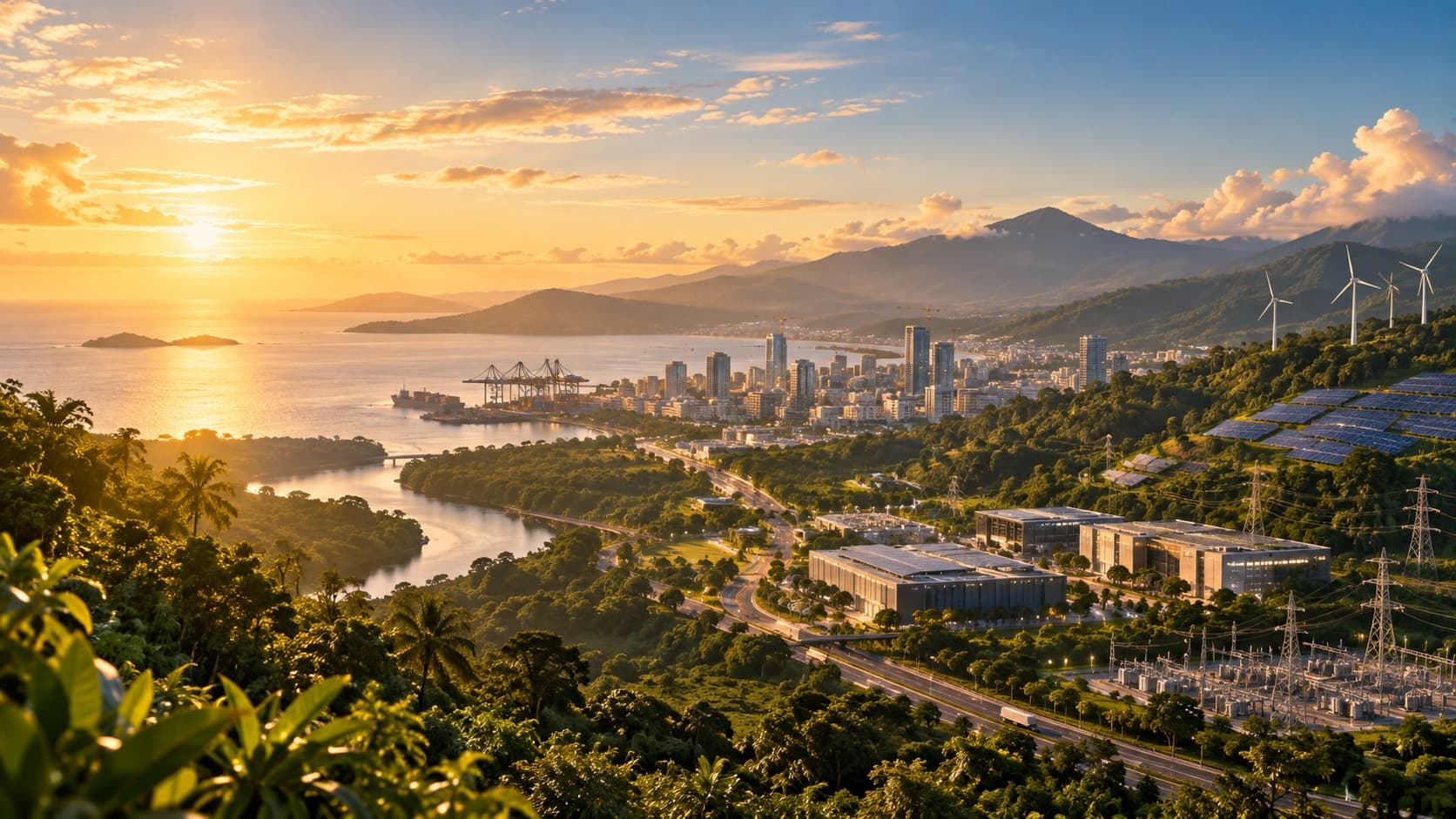 A bright, prosperous Central American city a generation from now — abundant energy, modern infrastructure, lush green terrain and warm sunlight.