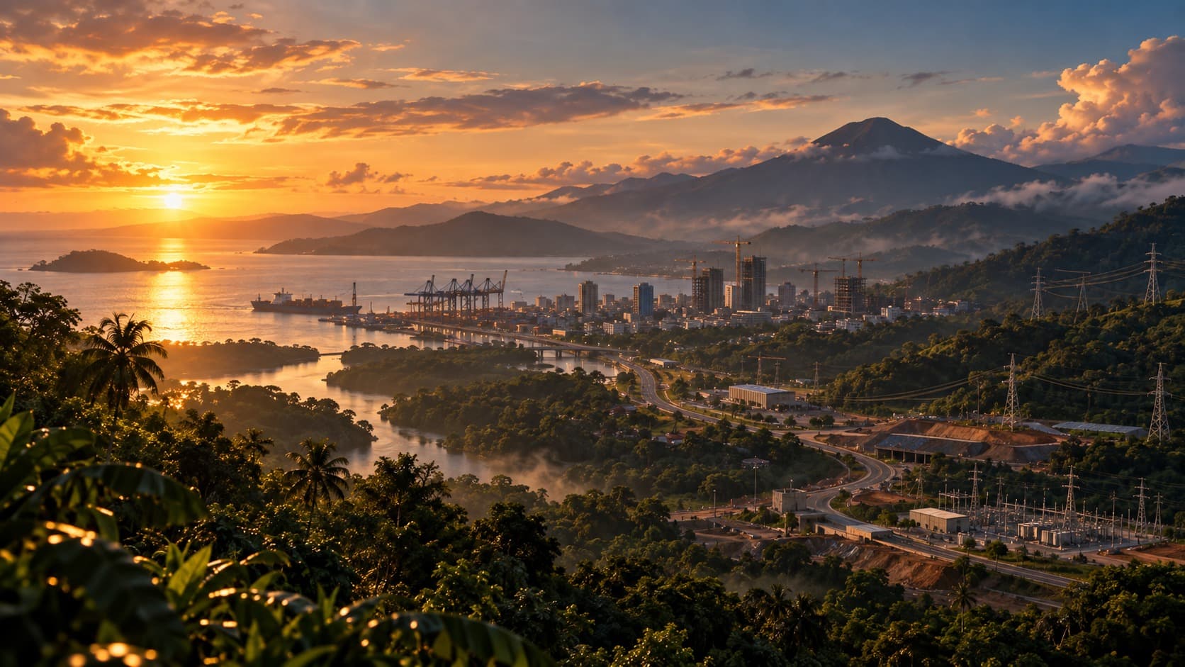 First light over tropical Central American terrain — warm sunrise, construction, power infrastructure, momentum.